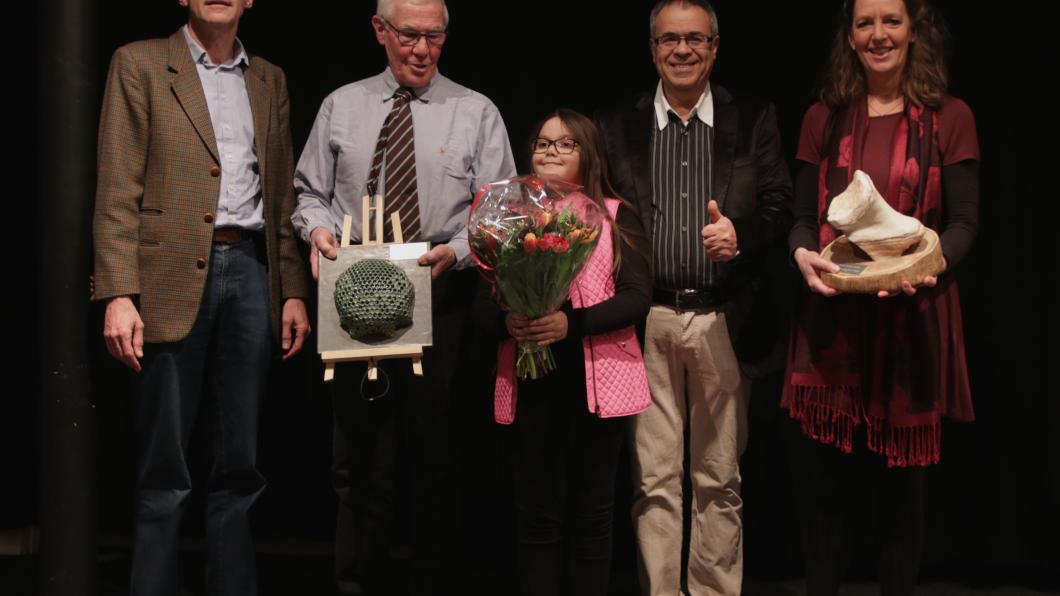 vlnr Marius Keij (Mijn Groene Huis), Opa Jim en Lilly (Lilly's Plastic Pick-Up), Najib el Zahri (Stichting Tolérance) en Linda Otterman (Samen Oplopen), foto: Mariët Spierings IMG_3061.jpg